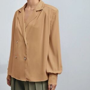 Shein BIZwear Notched Collar Bishop Beige/nude Sleeve Blouse Medium NEW